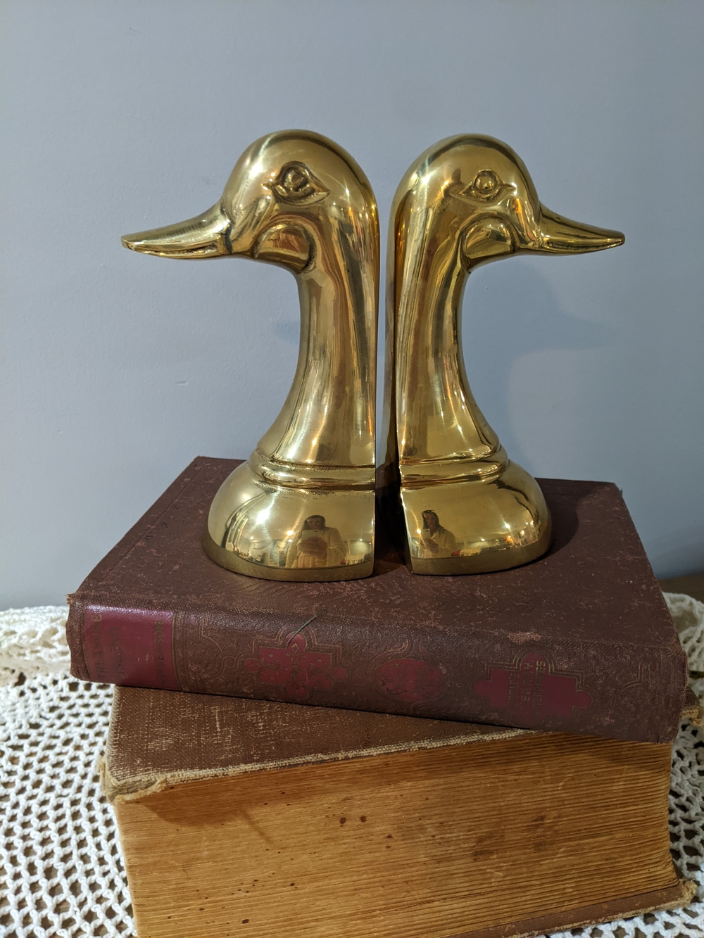 Vintage Solid Brass Duck Head Bookends - New Old Stock With Original Box